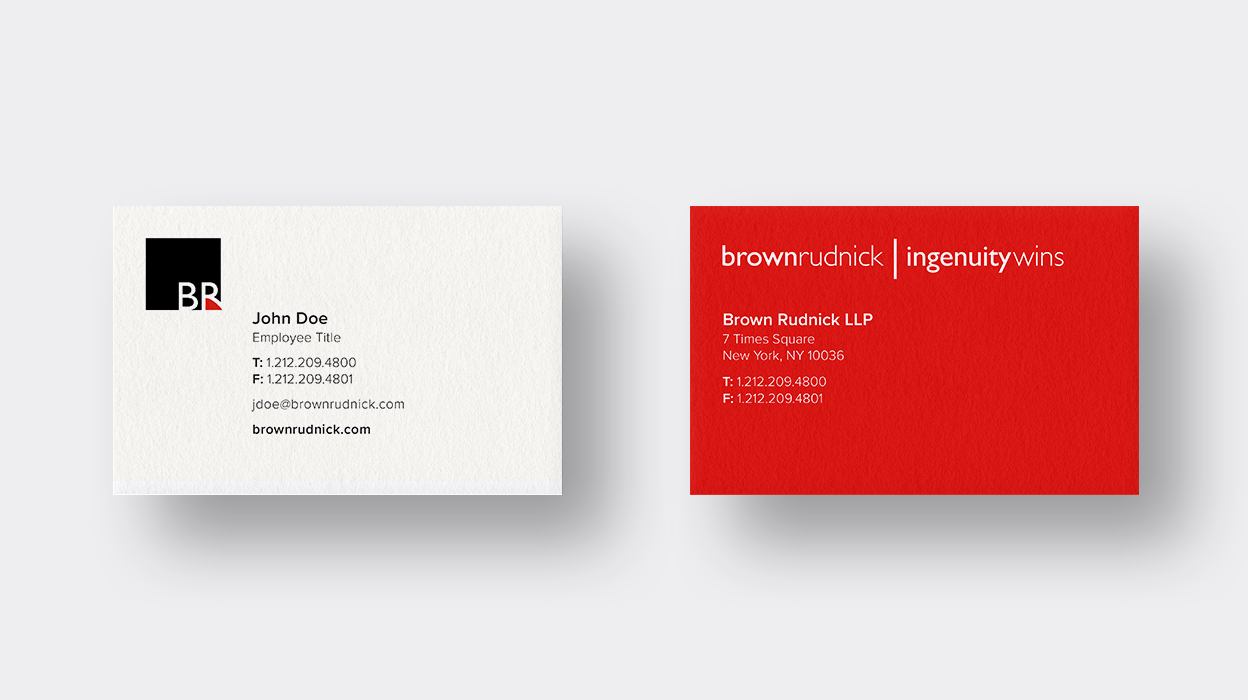 white and red Brown Rudnick business cards